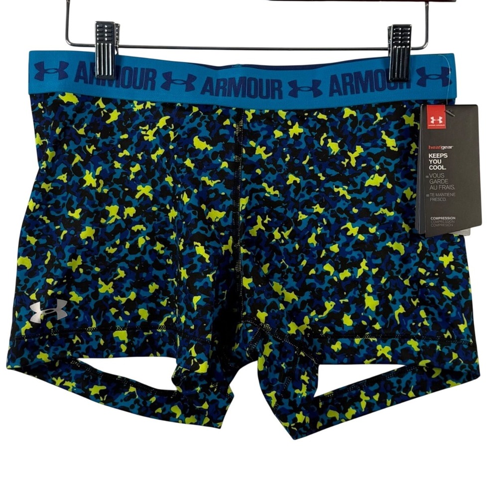 Under Armour Womens L 3" HeatGear Shorts Blue Yellow Camo‎ 1271778 Compression